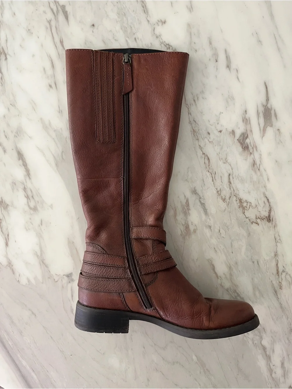 Gabor Chestnut Brown Leather Under-the-Knee Boots with Buckle Straps